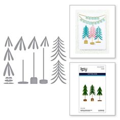 three christmas trees and decorations are shown on the left side of this card, along with an envelope that says happy holidays