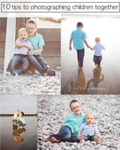 a collage of photos with two children and one adult holding hands, sitting on rocks near water