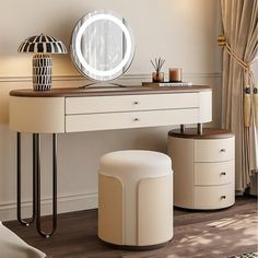 a dressing table with stools and a round mirror