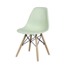 a light green chair with wooden legs and a white seat pad on the back of it