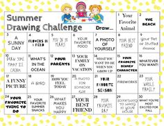 a summer drawing challenge is shown in yellow and white