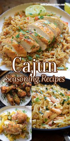 the cover of cajun seasoning recipes with pictures of chicken, pasta and vegetables