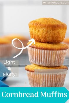 three cornbread muffins stacked on top of each other with the words light and fluffy above them