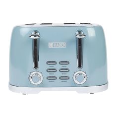 a blue toaster sitting on top of a white counter