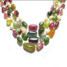 Natural Multi Tourmaline Necklace, cabachon tourmaline smooth bead necklace, colorful Genuine Tourmaline String, multicolored Multi string Total length 18.5 inches Almost 11 inches long when worn Gross weight 154.6 gms Silver 12.2 gms Natural multicolored Tourmaline 654 carats Pearls 58 carats Inc#78#10S790 Cheap Trendy Multi-strand Beaded Necklaces, Luxury Multicolor Gemstones For Jewelry Making, Luxury Multi-strand Beaded Necklaces With Gold Beads, Luxury Elegant Tourmaline Beaded Necklaces, Luxury Colorful Beaded Rondelle Jewelry, Elegant Multicolor Cabochon Necklaces, Multicolor Tourmaline Gemstone Beads Necklaces, Multicolor Multi-stone Tourmaline Necklaces, Multicolor Tourmaline Multi-stone Necklace