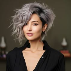 29 Gray Bobs Hairstyle to make you a Show stopper Asymmetrical Edgy Hair, Asymmetrical Bob With Undercut, Asymmetrical Pixie Edgy, Asymetrical Haircut, Κούρεμα Bob, Hair Color Caramel, Edgy Haircuts, Short Sassy Hair, Messy Short Hair