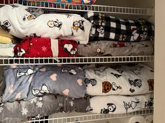 the shelves are filled with baby blankets and other things to wear for bedtime or play time