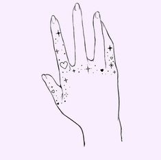 a hand with stars and hearts drawn on it's palm, against a pink background