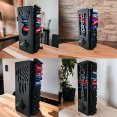 four different views of the inside of a computer tower