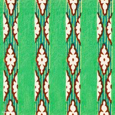 a green and white striped wallpaper with floral designs on the outside, along with stripes