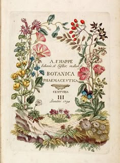 an old book with flowers and plants on it