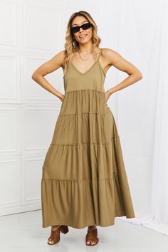 Zenana Full Size Spaghetti ... Tiered Maxi Dress, Khaki Color, Dress With Pockets, Tiered Dress, Casual Elegance, Night Outfits, Effortless Style, Cross Body, Dress Skirt