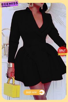 Fashion Solid Split Joint Turndown Collar Long Sleeve Dresses Pleated Blazer, Vogue Dress, Long Sleeve Dresses, Black Long Sleeve Dress, Turndown Collar, Sleeve Dresses, Fashion Pattern, Blazer Dress, Waist Dress