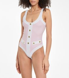 Sailor gingham checked swimsuit in pink and white Summer Gingham One-piece Swimwear, One-piece Gingham Swimwear For Summer, Summer Bodysuit With Button Closure, Summer Beach Swimwear With Button Closure, Summer Beachwear Swimwear With Button Closure, Caroline Constas, Gingham Check, Together We Can, Pink And White