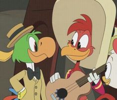 two cartoon characters are playing guitar and singing