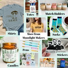 there are many different items that can be found in this collage, including candles, t - shirts and socks