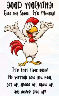 a cartoon chicken saying good morning with an image of a rooster on it's back