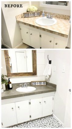 before and after photos of a bathroom remodel with white cabinets, gray countertops, and black and white patterned floor tiles