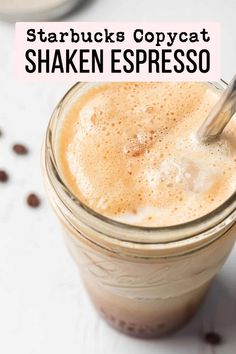 starbucks copycat shaker espresso in a mason jar with text overlay