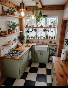 a kitchen filled with lots of plants and hanging lights over the stove top burners