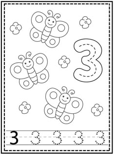 the number three worksheet for children to practice numbers 3 - 5, including two bees