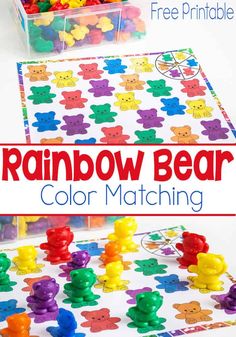 the rainbow bear color matching game is shown in front of a plastic container filled with gummy bears