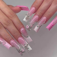 Nagel Tips, Purple Diamond, Flower Soft, Gold Powder, Pink And White Flowers, Nailed It, Color Powder, Diamond Chain, Long Acrylic Nails