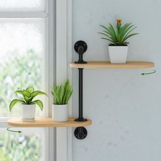 two wooden shelves with plants on them next to a white wall and window sill