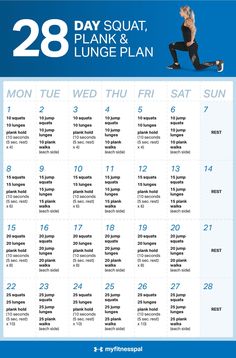 the 28 day squat, plank and lunge plan is shown in blue with white lettering