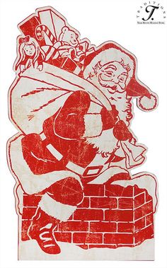 a red and white drawing of santa claus on a brick wall with other christmas decorations