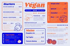 a menu for a vegetarian restaurant with vegetables and other items on the front, in blue and orange colors