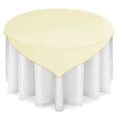 a round table with white and yellow linens on the top, in front of a white background