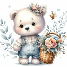 a painting of a teddy bear holding a basket with flowers