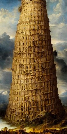 a painting of a very tall tower in the sky