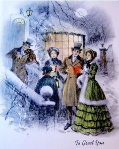 an old fashioned christmas card with people dressed in period clothing and hats, standing outside a house