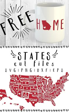 a coffee mug with the states cut files in red and white, on top of a map