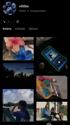 an iphone screen with pictures and text on the bottom right corner, which includes images from different places