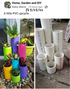 there are several different types of planters on the ground and one is made out of plastic cups