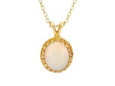 METAL: Gold METAL PURITY:14kt STONE: Opal STONE WEIGHT:1.65ct  GOLD WEIGHT: 1.6 grams This classic style pendant features a very substantial setting that holds a 10x8mm oval opal weighing 1.65ct. This gold setting demonstrates a high level of workmanship as the opal is actually hand set in 18 prongs and not glued in place. The chain is not included ,but an be purchased separately. Disclaimer: We are a 1500 square foot retail store with 1000s of items in our inventory. We make every effort to update our Etsy listings as soon as we sell them in our physical store but for current availability please contact us to confirm availability before purchase at 856-728-7464 or message us on Etsy. Follow us on Instagram and Facebook@williamstowndiamonds  Check out our other items in our Etsy store will Antique Opal Jewelry In Yellow Gold, Yellow Gold Ethiopian Opal Cabochon Jewelry, Elegant Ethiopian Opal Oval Cabochon Jewelry, Yellow Gold Opal Oval Necklace, Yellow Gold Ethiopian Opal Jewelry In Oval Cabochon, Yellow Gold Ethiopian Opal Round Necklace, Yellow Gold Oval Opal Necklace, Antique Gold Opal Jewelry, Antique Opal Jewelry In Gold