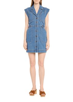 "Find VERONICA BEARD Jax Denim Mini Dress on Editorialist. Veronica Beard \"Jax\" denim mini dress featuring adjustable button tabs at the waist Notched lapels; V neckline Cap sleeves Front patch pockets Shirtdress silhouette Hem falls above the knee Buttonfront Cotton Unlined Machine wash cold Imported" Fitted Spring Dresses With Patch Pockets, Fitted Denim Dress With Pockets For Daywear, Casual Dresses With Patch Pockets, Denim Mini Dress, Veronica Beard, Denim Mini, Shirtdress, V Neckline, Above The Knee