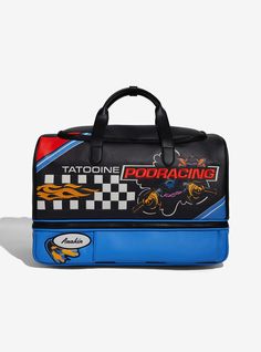 Travel to Tatooine in style with this Star Wars duffle bag! Featuring a design of a podracer on the front with embroidered lettering and flames  this bag includes a zippered top compartment and a zippered bottom pocket. With a removable shoulder strap and top handles  it's a must-have for your next race.A BoxLunch Exclusive!PolyurethaneImported Star Wars Tatooine, Monster Hoodie, Embroidered Lettering, Dark Side Star Wars, Joe Cool, Holiday Bag, Cold Weather Accessories, Star Wars Gifts, New Bag