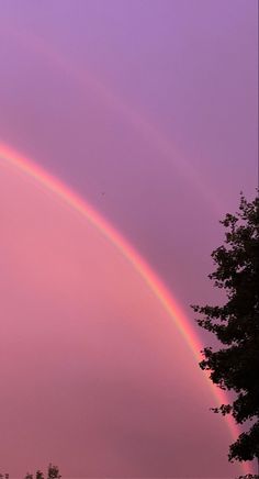 two rainbows are seen in the sky above trees and buildings at sunset or dawn