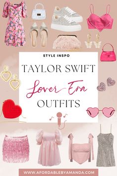 the taylor swift love'em outfits are on display in front of a pink background