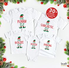 Christmas shopping can be so hard when everyone has everything. Here is the answer for a fun gift for EVERYONE on your Christmas shopping list.  -Get a set so you and your family can all be wearing matching shirts/pajamas Christmas eve or Christmas morning. This Elf design will look adorable all together. -Get a set to match your besties at your annual Friendsmas party. The trendy and versatile design will look cute with any item in your wardrobe.  -Get a set for a Christmas work party where you and your coworkers can all get a great laugh since it can be customized to absolutely anything.  We have provided a bunch of phrases to choose from OR you can provide a customized/personalized phrase that better matches the person receiving the shirt.  What a fun way to celebrate the holidays this Matching Pajamas Christmas, Friendsmas Party, Personalized Elf, Elf Family, Elf Design, Family Matching Pajamas, Christmas Shopping List, Pajamas Christmas, December Christmas