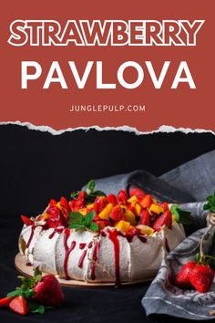 a strawberry pavlova on a plate with strawberries