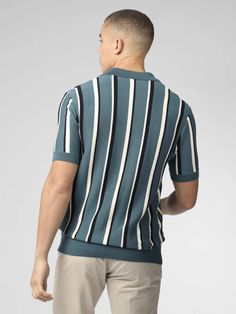 Signature Vertical Stripe Open Neck Polo - Teal - Ben Sherman Striped Short Sleeve Top With Ribbed Collar, Summer Polo Collar Top With Vertical Stripes, Fitted Striped Tops With Ribbed Collar, Modern Cotton Tops With Ribbed Collar, Modern Fitted Tops With Striped Collar, Modern Fitted Top With Striped Collar, Modern Tops With Striped Polo Collar, Modern Polo Top With Striped Collar, Modern Short Sleeve Top With Striped Collar