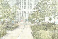 an artist's rendering of the entrance to a building with trees and bushes around it