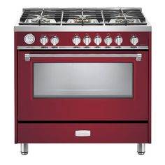 a red stove top oven with two burners and one door on the front, against a white background