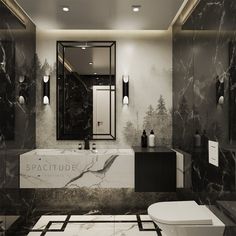 a bathroom with marble walls and flooring in black and white colors, including the bathtub