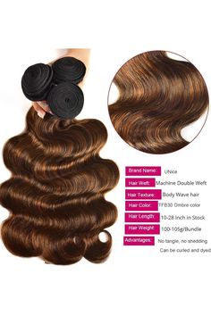 UNice Brown Highlight Body Wave Human Hair Weave 4 Bundles 18 20 22 24 inch, Brazilian Remy Hair Ombre Blonde Human Hair Wavy Weaves Sew in Piano Color Wavy Weave, Wig Ideas, Sew In Weave, Ombre Blonde, Hair Ombre, Brazilian Remy Hair, Brown Highlights, Sew In, Blonde Ombre